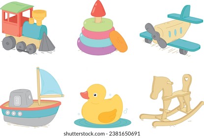 Set of colorful illustrations on the theme of retro children's toys. Vector drawings of a duck, an airplane, a steam train, a boat, a pyramid, a rocking horse