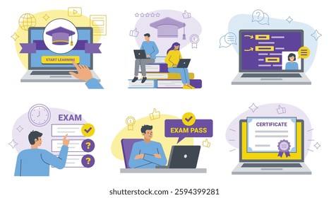 Set of colorful illustrations on the topic of e-learning in a flat style, young people are on online education using tablets and phones