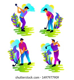 A set of colorful illustrations of people playing golf, fantasy plant backgrounds. - Vector.