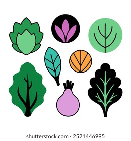 Un conjunto de ilustraciones coloridas de varios verdes frondosos, perfecto para agregar un toque de naturaleza a sus diseños. Estos gráficos vibrantes y juguetones son ideales para la marca, Elementos de Sitio web.