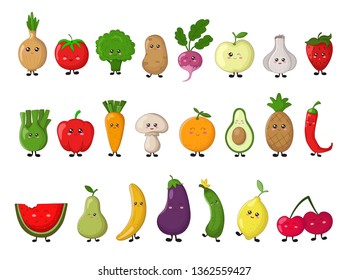 Set of colorful images of cute kawaii vegetables and fruits. Isolated elements on white background, flat style objects for design. Funny food, characters for children, vector illustration