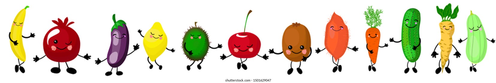 Set of colorful images of cute kawaii vegetables and fruits. Isolated elements on white background, flat style objects for design. Funny food, characters for children, vector illustration
