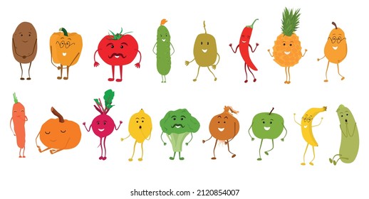 A set of colorful images of cute kawaii vegetables and fruits. Funny food, characters for kids. Vector illustration.