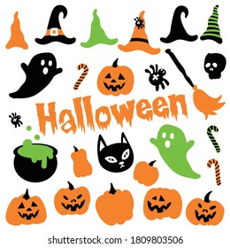 Set of colorful images for halloween. Halloween celebration - candy, pumpkin. Traits of witchcraft and Halloween - skulls, black cat, broom, witch's hat.