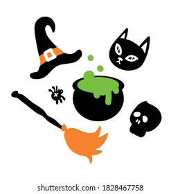 Set of colorful images for halloween. Halloween celebration. Traits of witchcraft and Halloween - skulls, black cat, broom, witch's hat.