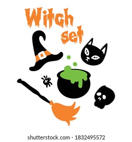 Set of colorful images for halloween. Halloween celebration. Traits of witchcraft and Halloween - skulls, black cat, broom, witch's hat.
