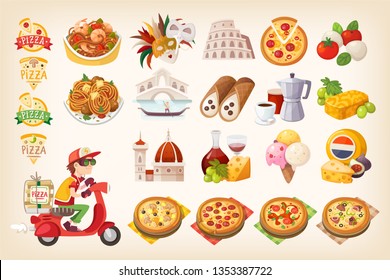 Set of colorful images of Italian elements. Symbols of Italy