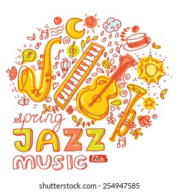 Set of colorful images. Musical jazz instruments: guitar, keyboard, saxophone, trumpet. Vector illustration and design element for poster, banner, invitation etc