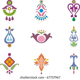 A set of colorful Indian ornamental designs.