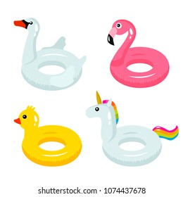 A set of colorful inflatable lifebuoys with different faces of animals - a swan, a unicorn, a duck, a flamingo. circle for the pool, ocean or sea. concept of leisure and travel. vector illustration 