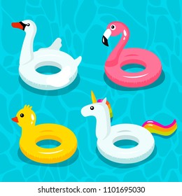 A set of colorful inflatable lifebuoys with different faces of animals - a swan, a unicorn, a duck, flamingos on the water. circle for the pool, ocean or sea. concept of leisure and travel. vector