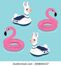 Set of colorful inflatable lifebuoys with different faces of animals - llama, flamingos on the water. circle for pool, ocean or sea. vector illustration