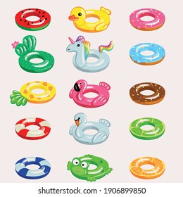 Set of colorful inflatable lifebuoys. In the form of a flamingo, swan, duck, frog, unicorn, pineapple, cactus, watermelon, orange, donut. 15 laps for pool and sea. Vector graphics.