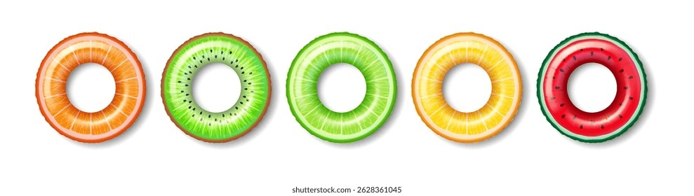 Set of colorful inflatable pool rings designed as various fruits including orange, kiwi, lime, lemon, and watermelon. Vibrant and playful, ideal for summer pool parties and beach activities.