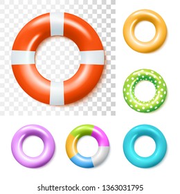 Set Of Colorful Inflatable Rubber Rings. Vector Photo Realistic Illustration. Top View