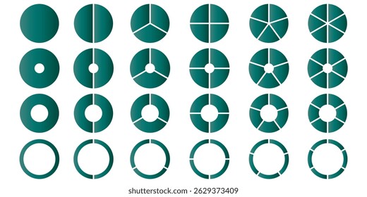 Set of colorful info Pie charts or Segment of circle element icons, Modern flat design infographics template. Segmented circles. Colorful icons.