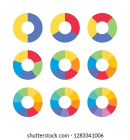 Set of colorful info piecharts / segment of circle element icons for 1 2 3 4 5 6 7 8 9 10. Modern flat design infographics template for app ui ux web banner vector eps10 isolated on white background