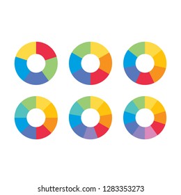 Set of colorful info piecharts / segment of circle element icons for 5 6 7 8 9 10. Modern flat design infographics template for app ui ux web button banner vector eps10 isolated on white background