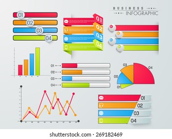 Set of colorful infographic elements including graphs, bars, paper stripes, pie chart and arrow with icons on grey background.