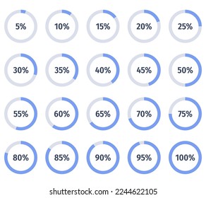  Set of colorful infographic percentage pie charts. Segment of hole circle icons 5%-100%. Simple flat design loading data interface elements app, button, ui ux web. Progress, waiting or downloading.