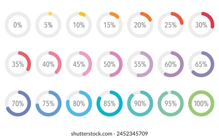 Set of colorful infographic percentage piecharts, segment of hole circle icons 10% - 100%, simple flat design loading data interface elements app button ui ux web, vector isolated on white background