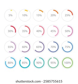 Set of colorful infographic percentage piecharts, segment of hole circle icons 0% - 100%, simple flat design loading data interface elements app button ui ux web, vector isolated on white background