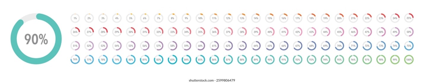 Set of colorful infographic percentage piecharts, segment of hole circle icons 0% - 100%, simple flat design loading data interface elements app button ui ux web, vector isolated on white background