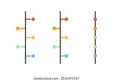 Conjunto de colorida línea de tiempo de infografía. Presentación del negocio, informe, análisis de datos, información, hito, concepto de etapa. Ilustración aislada de diseño de Vector de elemento plano.