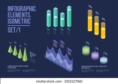 Set of colorful infographic vector elements: presentation graphics, statistics of data and diagrams. 3d isometric design. Perfect for banner, website, presentation and promotional materials.