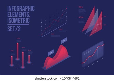 Set of colorful infographic vector elements: presentation graphics, statistics of data and diagrams. 3d isometric design. Perfect for banner, website, presentation and promotional materials.