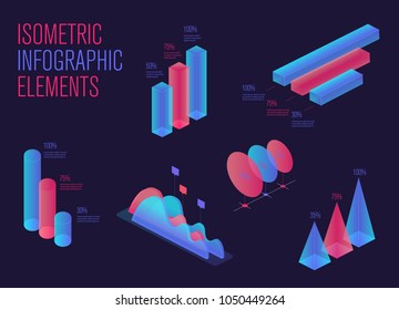 Set of colorful infographic vector elements, presentation graphics, statistics of data and diagrams. 3d isometric design. Perfect for banner, website, presentation and promotional materials.