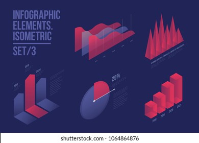 Set of colorful infographic vector elements: presentation graphics, statistics of data and diagrams. 3d isometric design. Perfect for banner, website, presentation and promotional materials.