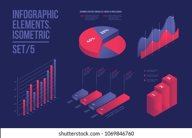 Conjunto de elementos vectoriales infográficos coloridos: gráficos de presentación, estadísticas de datos y diagramas. 3 quinquies de diseño isométrico. Perfecto para banner, sitio web, presentación y materiales promocionales.