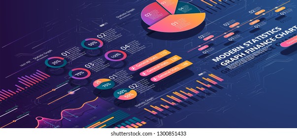 Set of colorful infographic vector elements: presentation graphics, statistics of data and diagrams. 3d isometric design. Infographics, brochures vector templates for business reports.