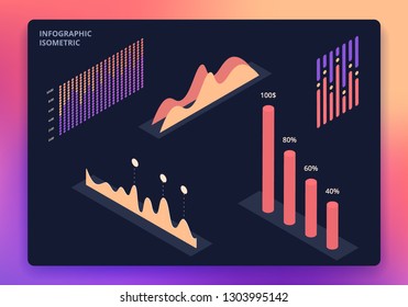 Set of colorful infographic vector elements: presentation graphics, statistics of data and diagrams. 3d isometric design. Perfect for banner, website, presentation and promotional materials.