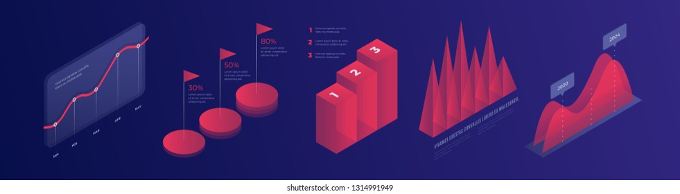 Set of colorful infographic vector elements: presentation graphics, statistics of data and diagrams. 3d isometric design. Perfect for banner, website, presentation and promotional materials.