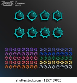 Set of colorful infographics elements on black background. Vector assets for ui design. Set of buttons for web or game design. Set of stars.