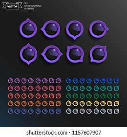 Set of colorful infographics elements on black background. Vector assets for ui design. Set of buttons for web or game design.