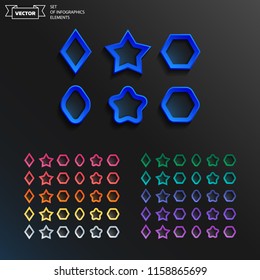 Set of colorful infographics elements on black background. Vector assets for ui design. Set of buttons for web or game design.