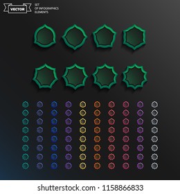 Set of colorful infographics elements on black background. Vector assets for ui design. Set of buttons for web or game design.