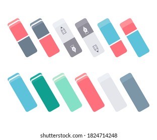 Set of colorful ink and graphite erasers. School and office supplies collection. Flat vector illustration isolated on white background 