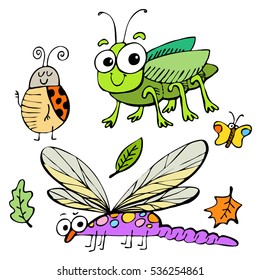 Set of colorful insects. Animals. Ladybug. Grasshopper. Dragonfly. Little butterfly. Leaves. Vector graphics. Art. Cartoon characters illustration.