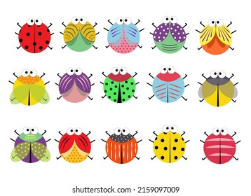 Set of colorful insects. Beetles and ladybugs. Vector illustration for prints and cards, clothes, covers, design for children and various decor.