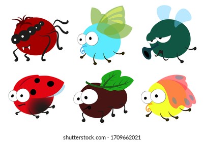 Set of colorful insects in cartoon style on a white background. Kawaii collection. Butterfly, fly, spider, ant, moth, ladybug. EPS10 vector illustration. 