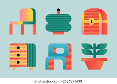 Set of colorful interior objects. Design furniture, chair, vase, flowerpot and chest. Modern, minimalist vector illustrations.