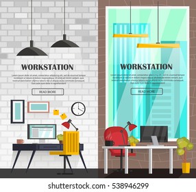 

Set of colorful interior with office furniture. Icons of office furniture and workplace: table, chair, computer, flower, bulb. In modern orthogonal design. Vector illustration.