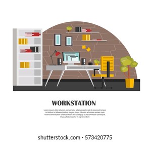 Set of colorful interior with office furniture. Icons of office furniture and workplace: table, chair, computer, flower, bulb. In modern orthogonal design. Vector illustration