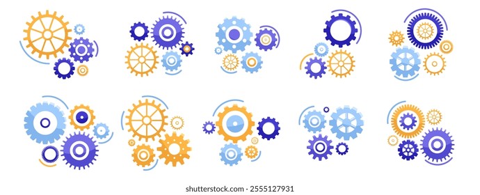 Set of colorful interlocking gears on white background. Vector illustration