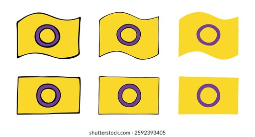 Set of colorful Intersex pride flag Happy pride day LGBTQIA community Pride Month Vector hand drawn doodle for posters, stickers, logo, cards