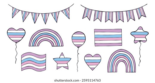 Set of colorful Intersex pride flag Happy pride day LGBTQIA community Pride Month Vector hand drawn doodle for posters, stickers, logo, cards